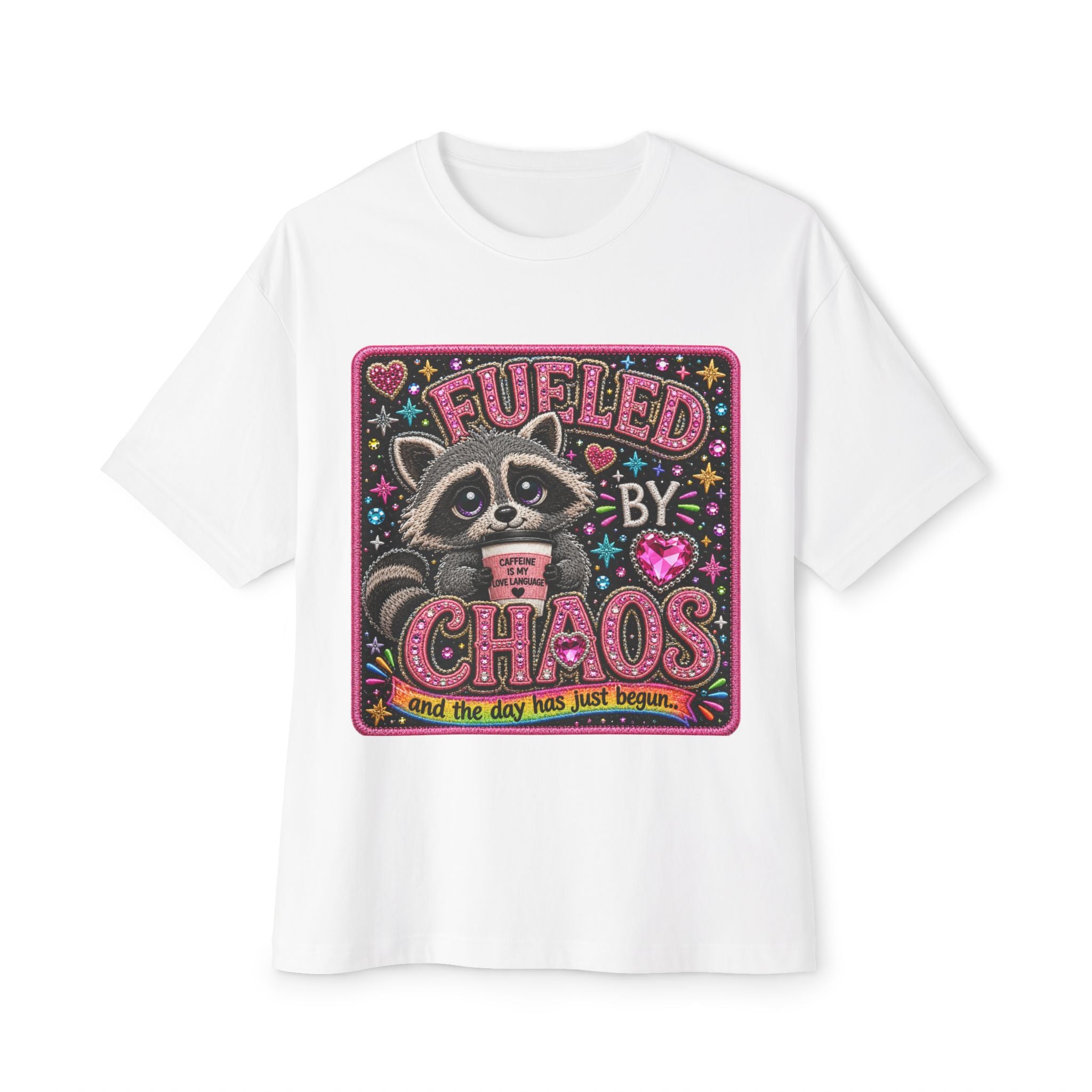 Fueled by Chaos Raccoon Tee — Cute Coffee & Chaos Graphic Shirt