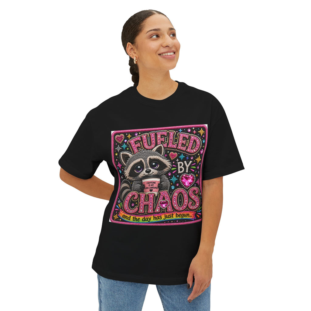 Fueled by Chaos Raccoon Tee — Cute Coffee & Chaos Graphic Shirt