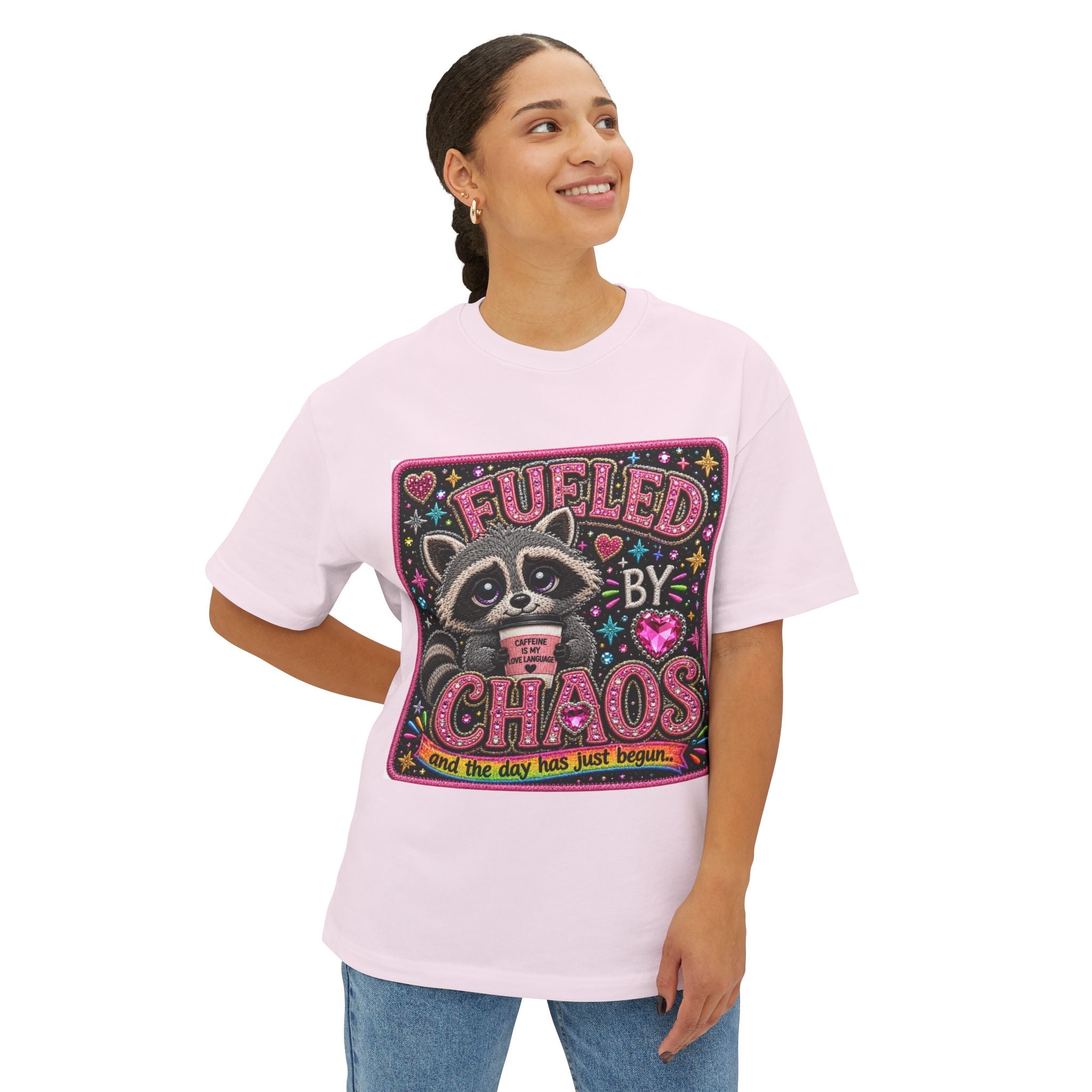 Fueled by Chaos Raccoon Tee — Cute Coffee & Chaos Graphic Shirt