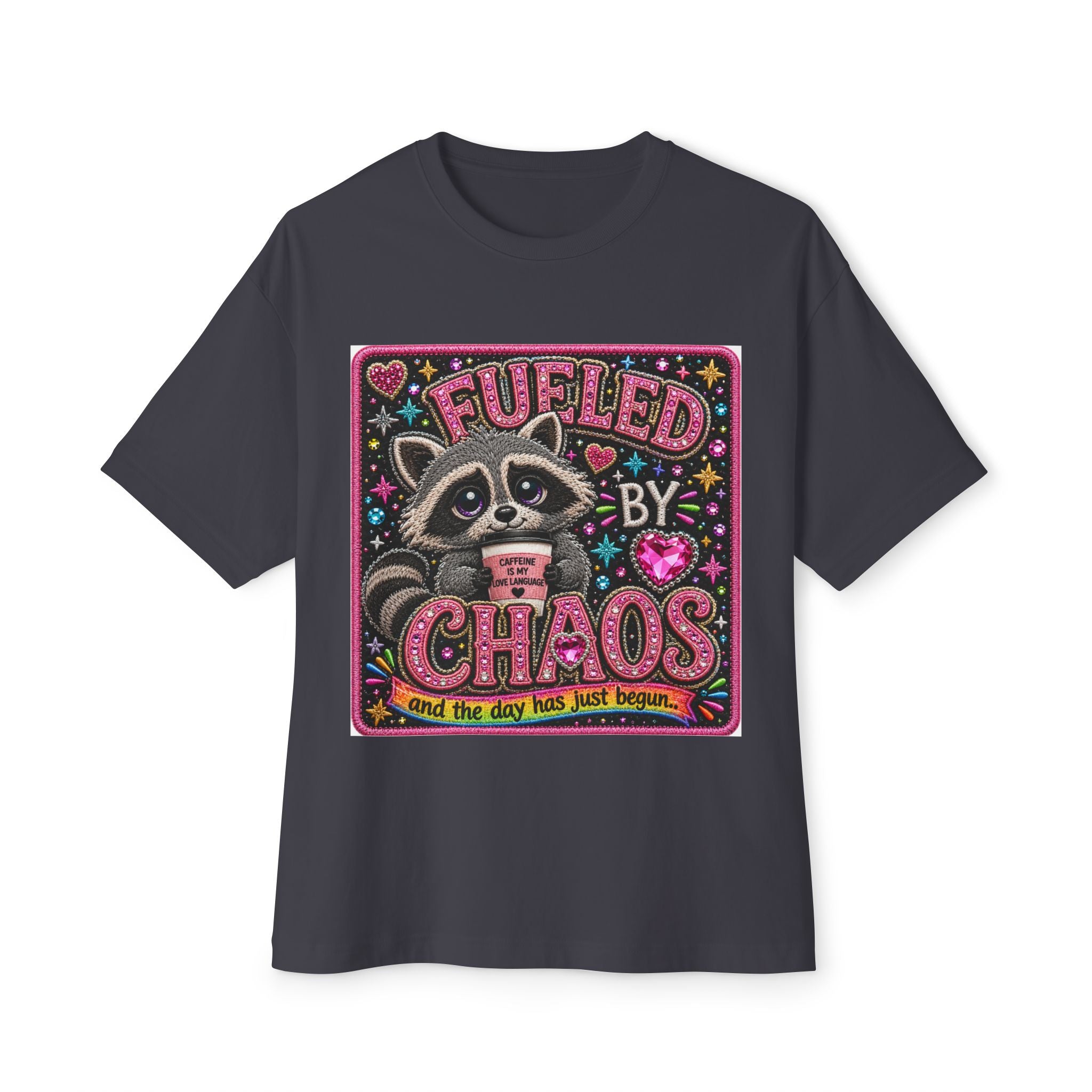 Fueled by Chaos Raccoon Tee — Cute Coffee & Chaos Graphic Shirt