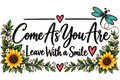 Welcome Doormat - "Come As You Are, Leave With a Smile" Sunflower & Dragonfly Coir Mat