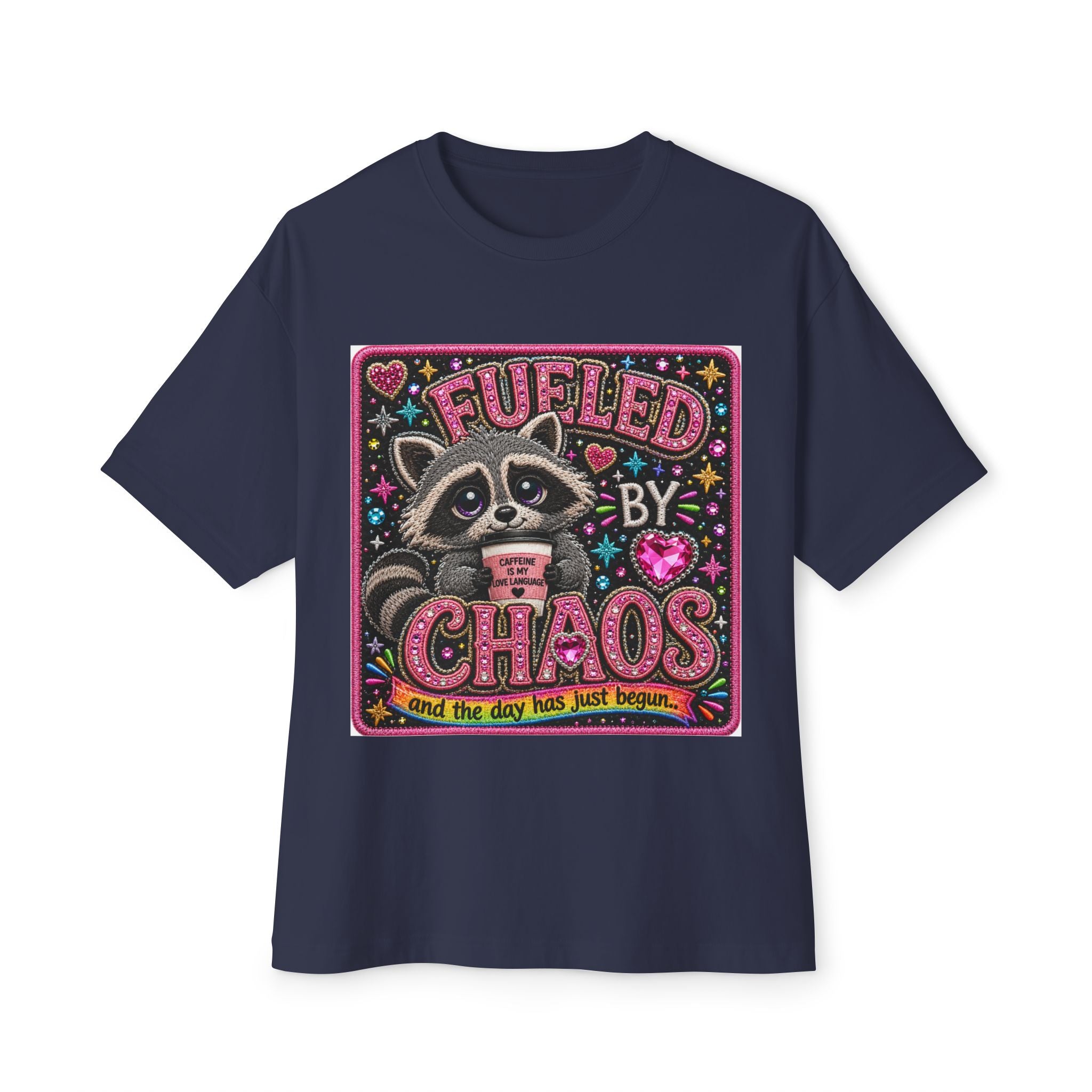 Fueled by Chaos Raccoon Tee — Cute Coffee & Chaos Graphic Shirt