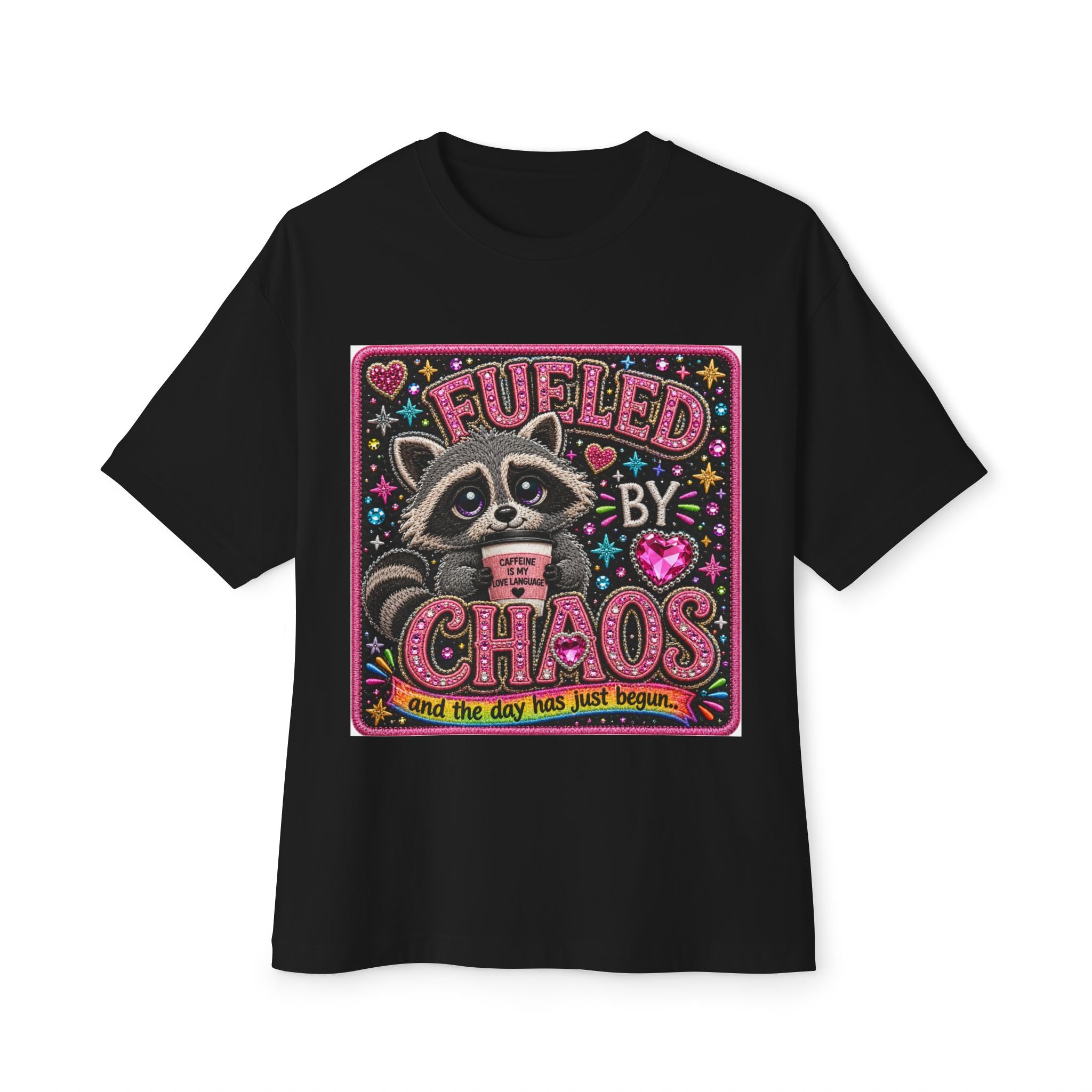 Fueled by Chaos Raccoon Tee — Cute Coffee & Chaos Graphic Shirt
