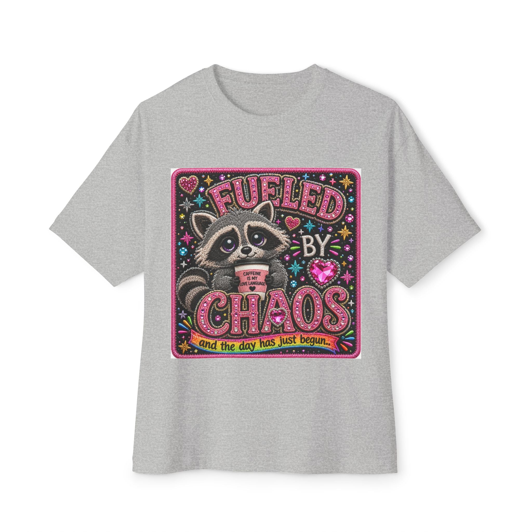 Fueled by Chaos Raccoon Tee — Cute Coffee & Chaos Graphic Shirt