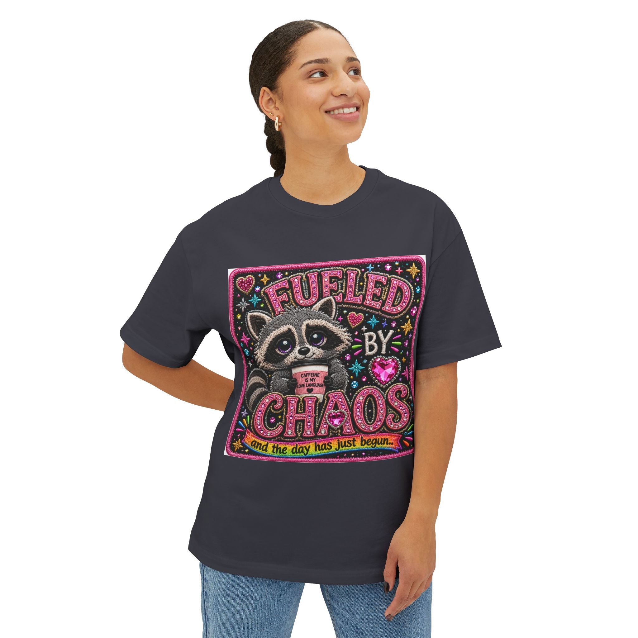 Fueled by Chaos Raccoon Tee — Cute Coffee & Chaos Graphic Shirt