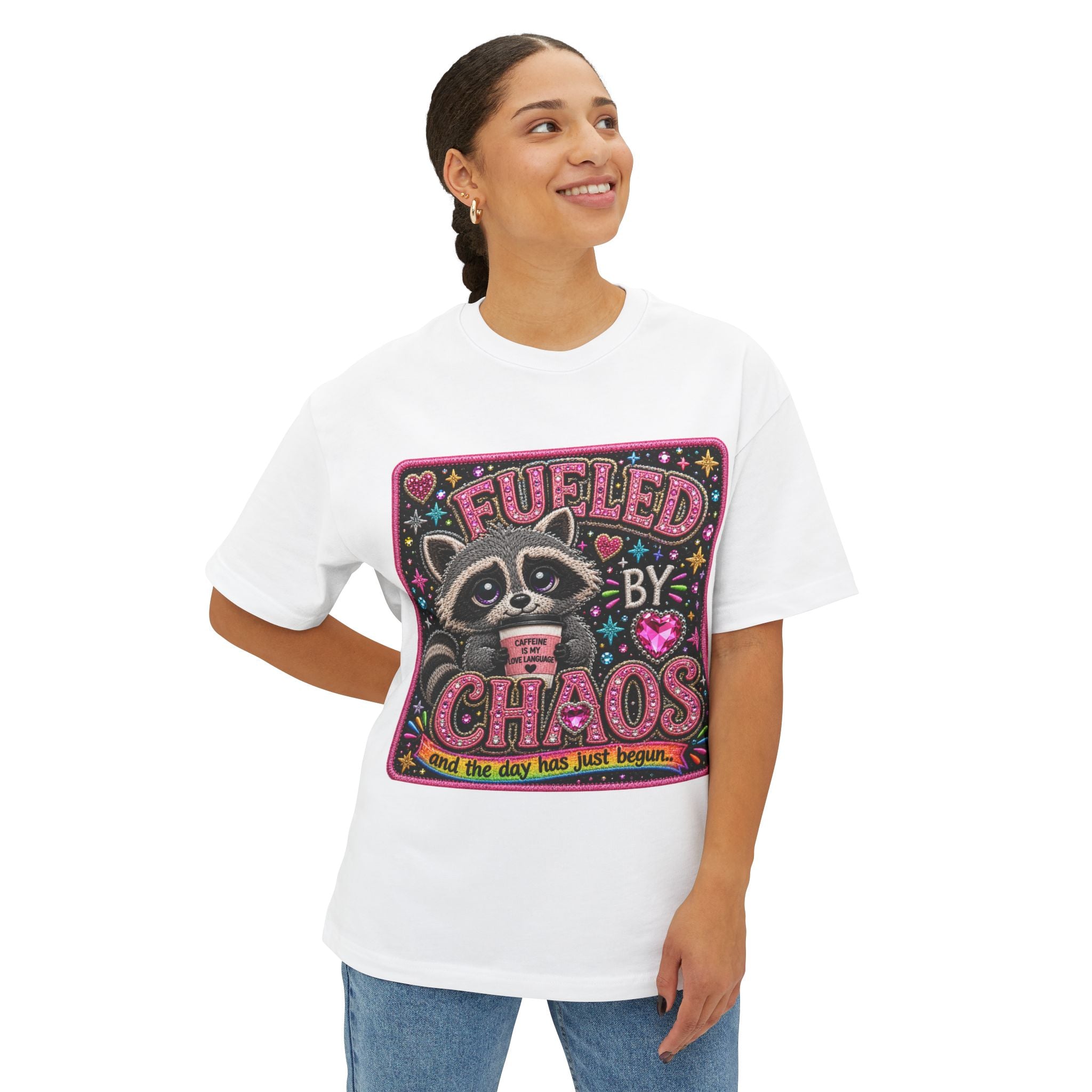 Fueled by Chaos Raccoon Tee — Cute Coffee & Chaos Graphic Shirt