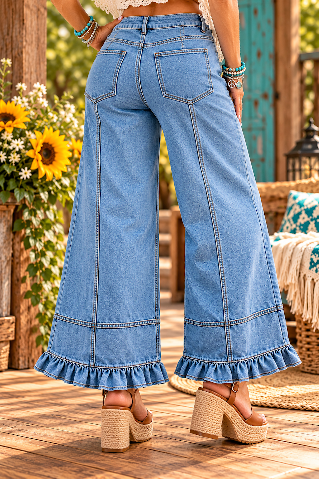 Full Size High-Waisted Wide-Leg Ruffled Hem Jeans Plus Size